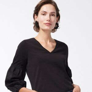 CHICOS KNIT 3D FLORAL APPLIQUE SHIRT